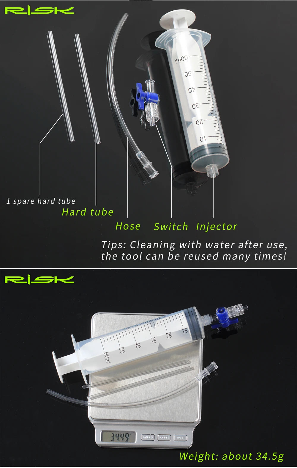 RISK RL225 Tubeless Tyre Sealant Injector — Bike Syringe with Schrader & Presta Valve Core Remover