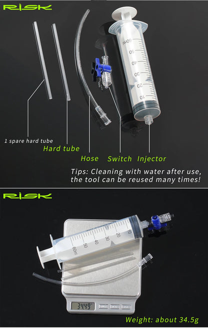 RISK RL225 Tubeless Tyre Sealant Injector — Bike Syringe with Schrader & Presta Valve Core Remover