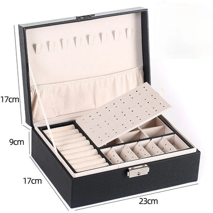 Double-Layer Wooden Jewelry Box – PU Leather Ring & Accessory Organizer with Storage and Makeup Case