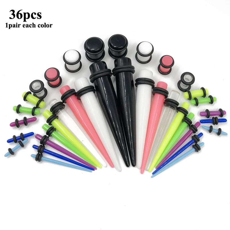 36PCS Acrylic Ear Gauge Taper & Plug Stretching Kit — Mixed Color Flesh Tunnel Expansion Jewelry 14G-00G