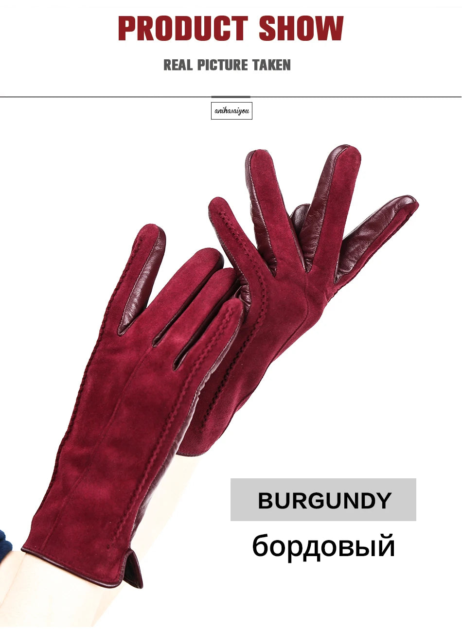 Women’s Winter Touch Gloves – 50% Genuine Leather & 50% Suede, Colorful Warm Leather Gloves