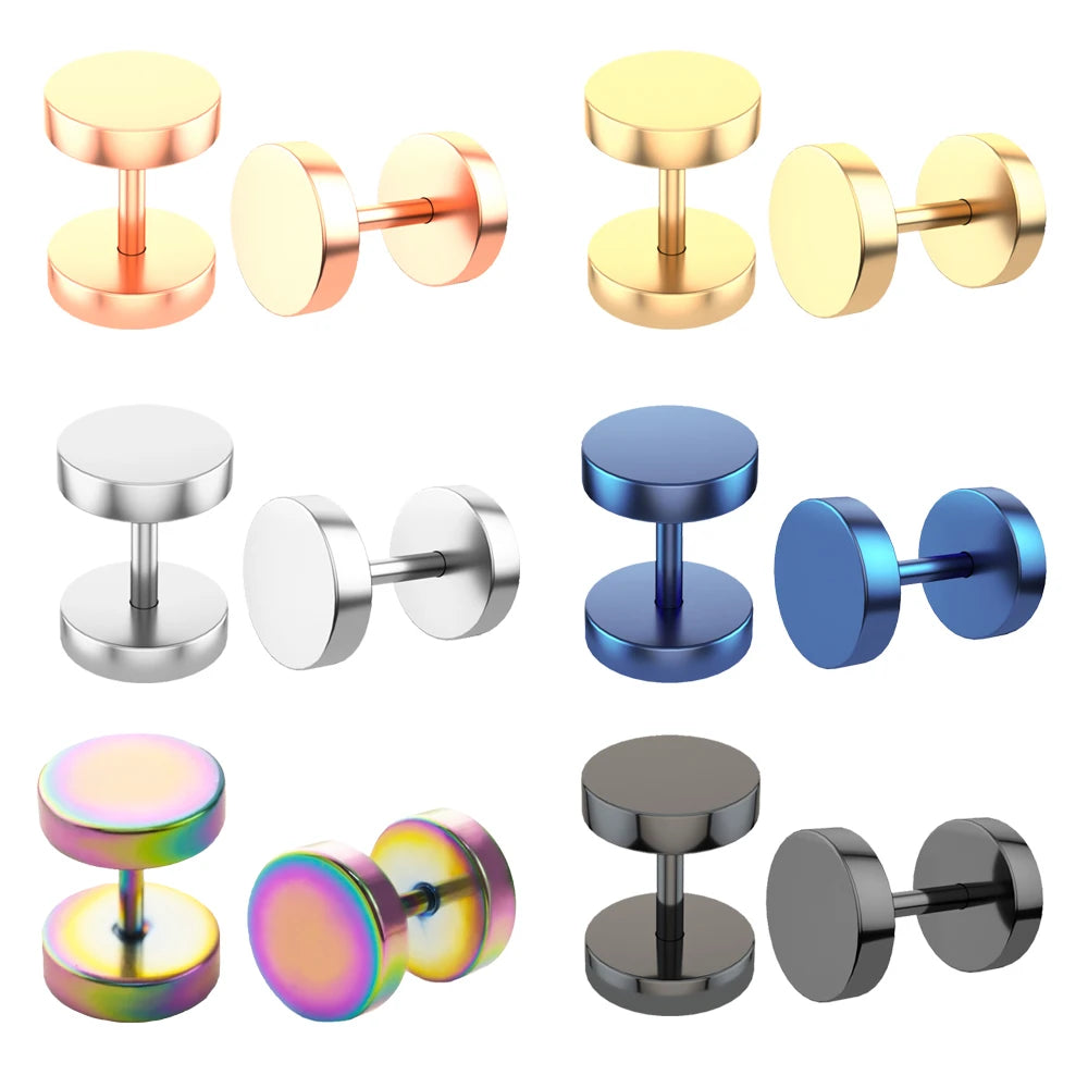 Stainless Steel Stud Earrings & Ear Plugs — Faux Punk Barbell Tunnels, Fake Piercing Gauges for Men & Women Body Jewelry