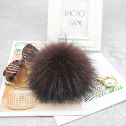 Luxury 15cm Fluffy Real Raccoon Fur Pom Pom Keychain – High-Quality Metal Ring Pendant for Women