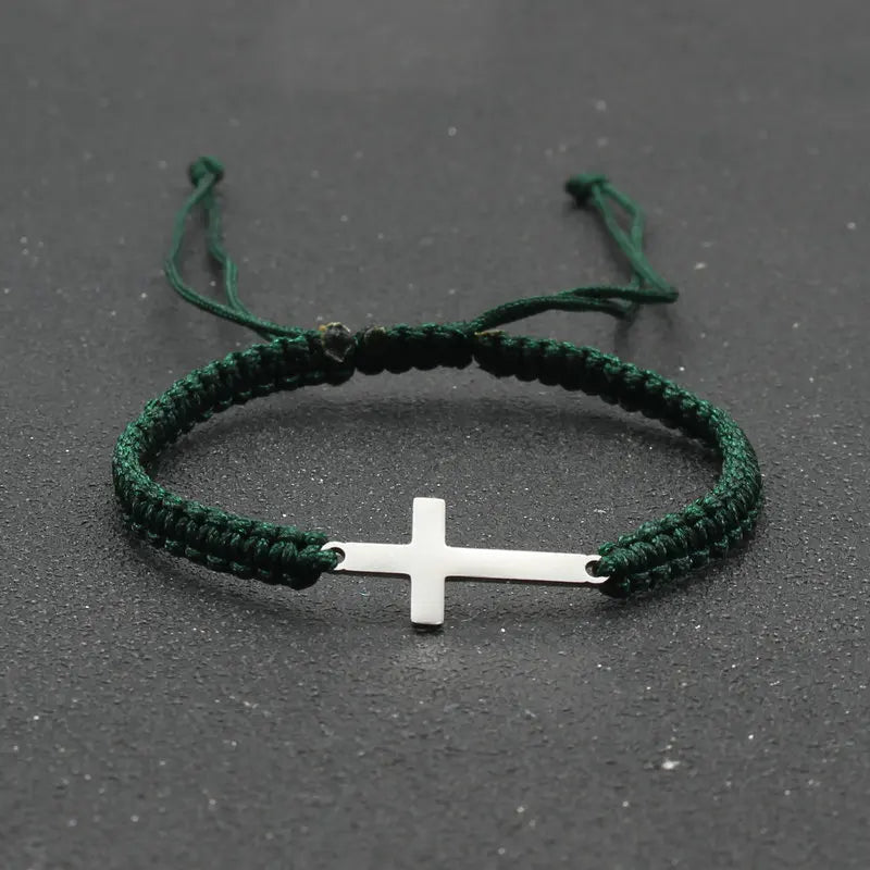 Stainless Steel Cross Charm Bracelet - Handmade Adjustable Braided Rope Chain Couple Jewelry for Women & Men
