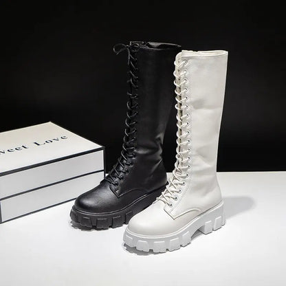 Aphixta 2025 Women’s Winter Knee-High Boots – White PU Leather Lace-Up Platform Fashion Shoes