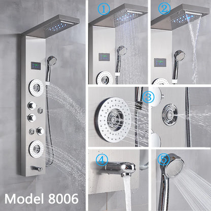 Brushed Nickel Bathroom Shower Column - Wall-Mounted Black LED Shower Panel with Digital Screen, 6 Modes & Rainfall Mixer Tap