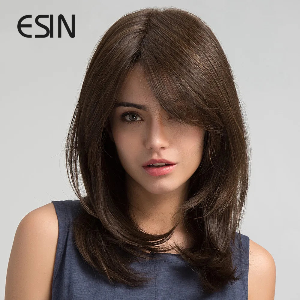 ESIN Synthetic Dark Brown Wig for Women - Long Wavy Wig with Bangs, Heat Resistant for Party & Daily Use