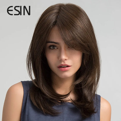 ESIN Synthetic Dark Brown Wig for Women - Long Wavy Wig with Bangs, Heat Resistant for Party & Daily Use