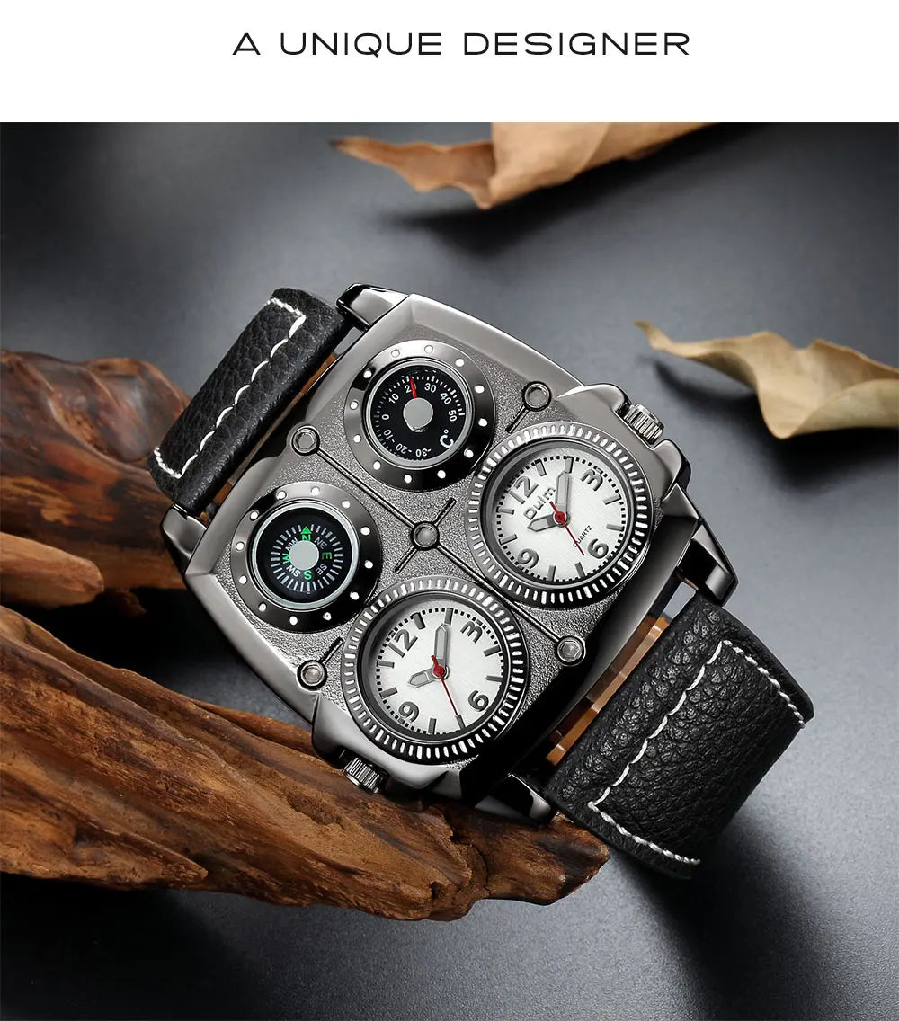 Oulm Men’s Two Time Zone Army Pilot Watch — Large Military Quartz Leather Strap Wristwatch