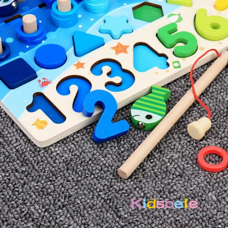 Montessori Math Learning Toy - Wooden Puzzle Fishing Game with Number Counting, Shape Matching & Sorting Activities for Toddlers