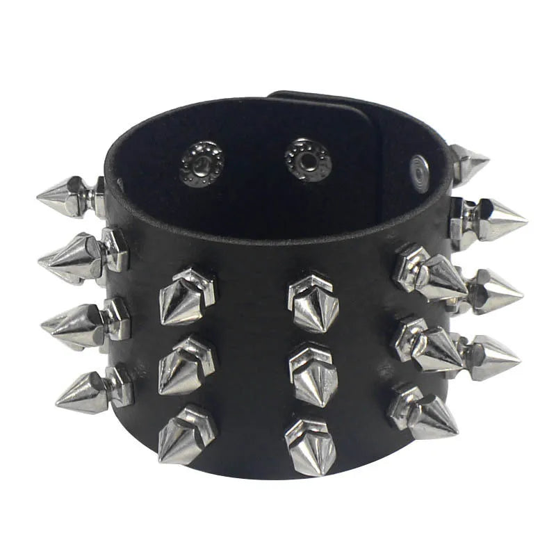 90s Punk Style Bracelet – PU Leather with 3 Rows of Spikes & Square Studs, Fashion Bangle for 2024