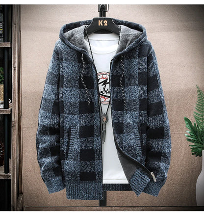 Men's Winter Plaid Hooded Cardigan – Warm Wool Fleece Zipper Jacket Knit Sweater Coat