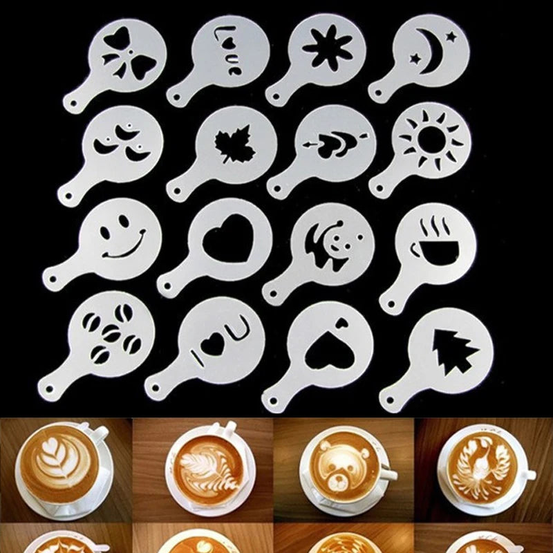 16PCS Cafe Foam Template Barista Stencils - Plastic Mold for Coffee Art, Stainless Steel Latte Garland Needles for Powder Sprinkling