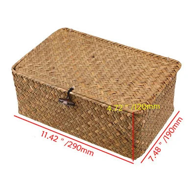 Rectangular Hand-Woven Rattan Wicker Storage Basket - Desktop Organizer for Sundries and Clothes Container