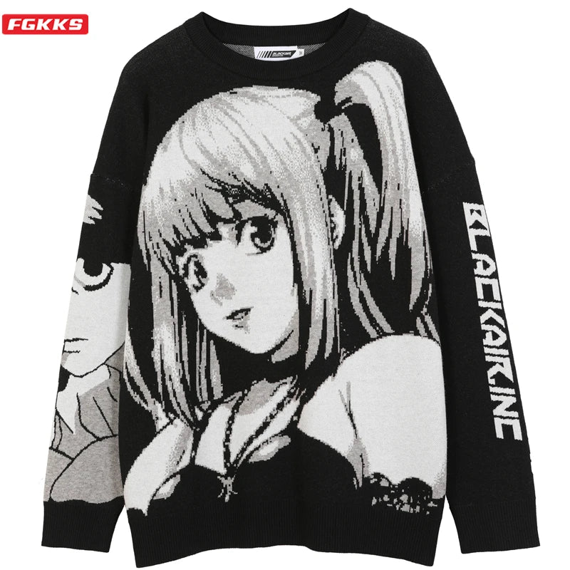 FGKKS Men's Anime Graphic Sweater - Vintage Harajuku Hip Hop Streetwear Cotton Knit Pullover