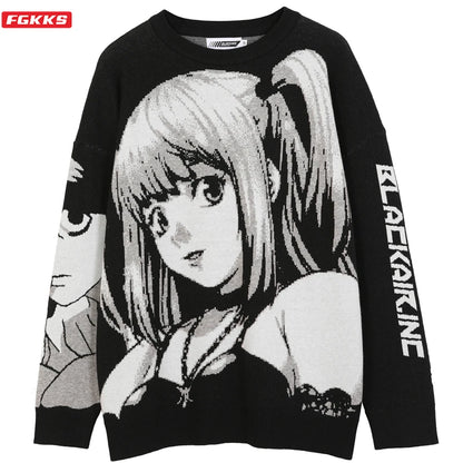 FGKKS Men's Anime Graphic Sweater - Vintage Harajuku Hip Hop Streetwear Cotton Knit Pullover
