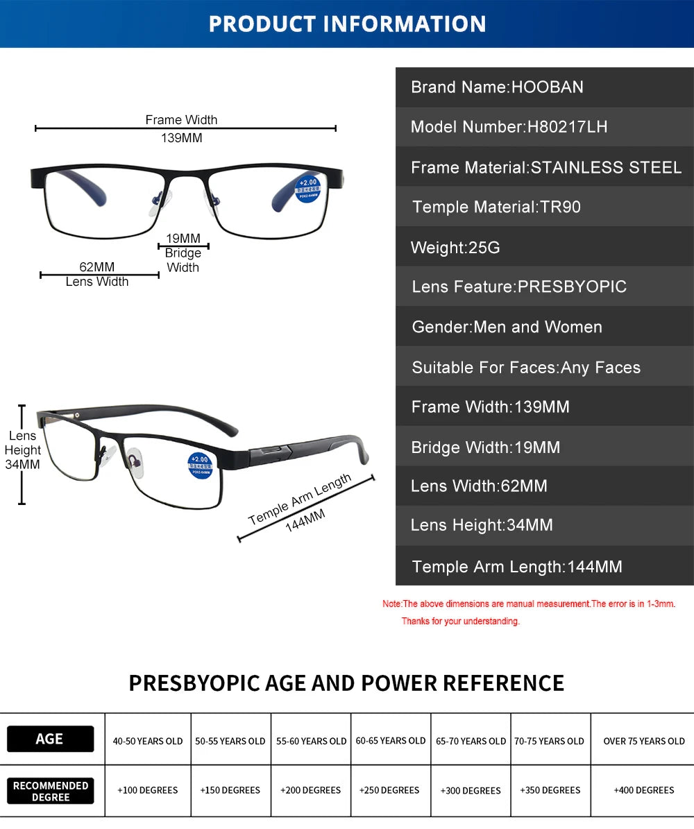 High-Quality Stainless Steel Reading Glasses for Men & Women – Fashion Presbyopic & Anti-Blue Light Eyewear