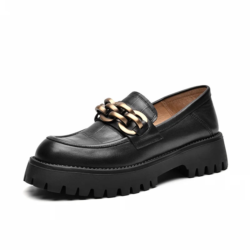 BeauToday Women’s Chunky Loafers – Genuine Leather Platform Slip-On Flats with Round Toe and Metal Chain, Handmade 27748