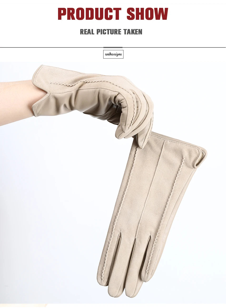 Women’s Winter Touch Gloves – 50% Genuine Leather & 50% Suede, Colorful Warm Leather Gloves