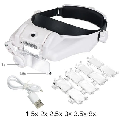 USB Rechargeable Magnifying Glasses Loupe with LED – Watchmaker Repair Tool Headband Magnifier (1.5x-3.5x)