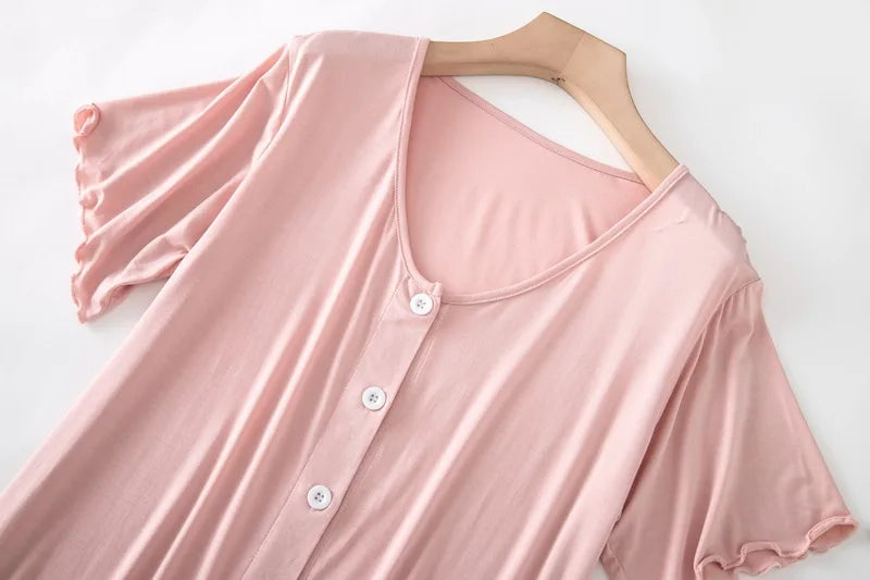 Women’s Modal Short-Sleeve Night Dress – Mid-Length Cotton Sleep Top with Buttons, Plus Size Pajamas
