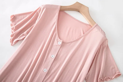 Women’s Modal Short-Sleeve Night Dress – Mid-Length Cotton Sleep Top with Buttons, Plus Size Pajamas
