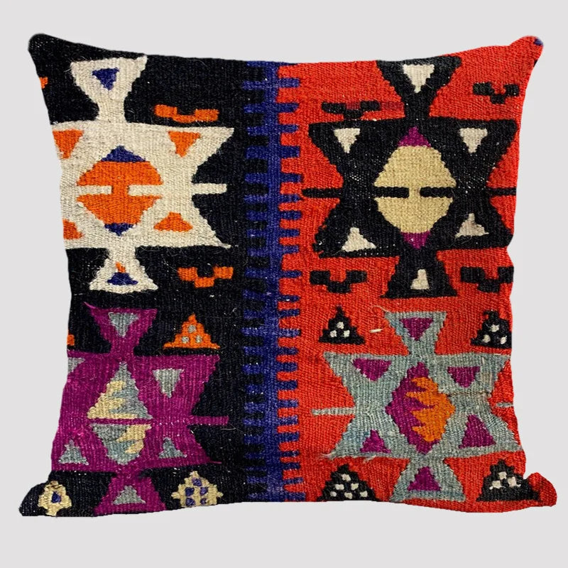 Bohemian Linen Cushion Cover – Multicolor Ethnic Geometric Pattern Decorative Pillow for Living Room Sofa