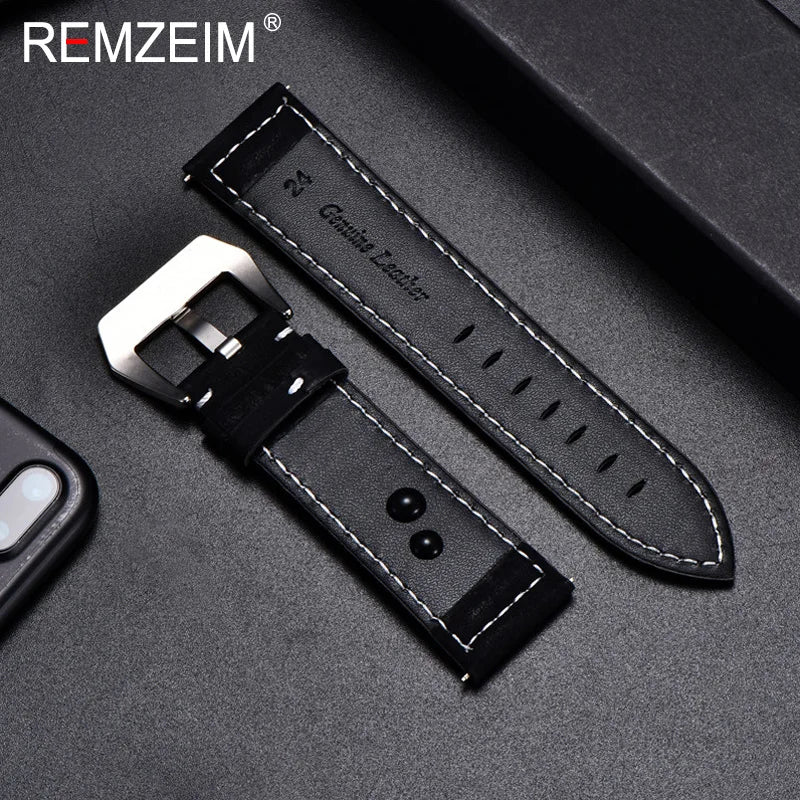 Genuine Leather Watch Band – Vintage Matte Black, Blue & Brown Strap for Men & Women, 18mm-24mm Wrist Bracelet