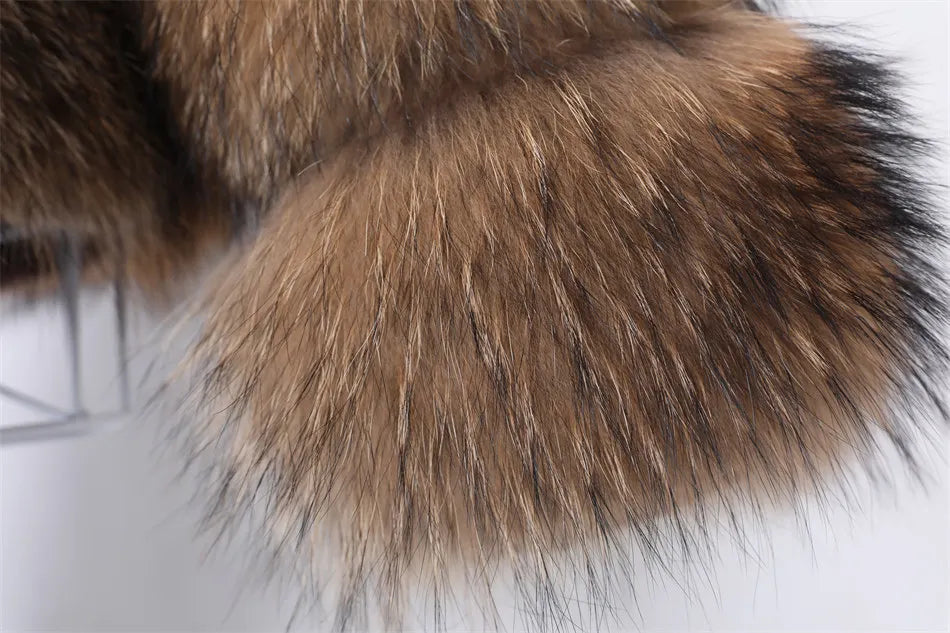 2025 Maomaokong Women’s Real Fur Coat – Natural Raccoon & Fox Fur Jacket with Hood, Warm Winter Outerwear