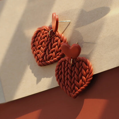 Handmade Knitted Heart-Shaped Polymer Clay Earrings – Braided Multi-Color Dangle Jewelry Set, Cute Love Gift