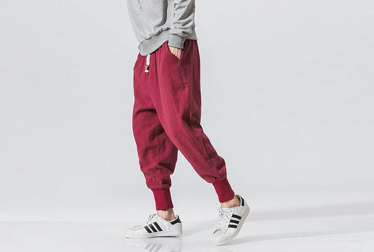 Men’s Cotton Linen Harem Pants – Solid Color Baggy Drop-Crotch Joggers with Elastic Waist Casual Streetwear Trousers