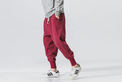 Men’s Cotton Linen Harem Pants – Solid Color Baggy Drop-Crotch Joggers with Elastic Waist Casual Streetwear Trousers