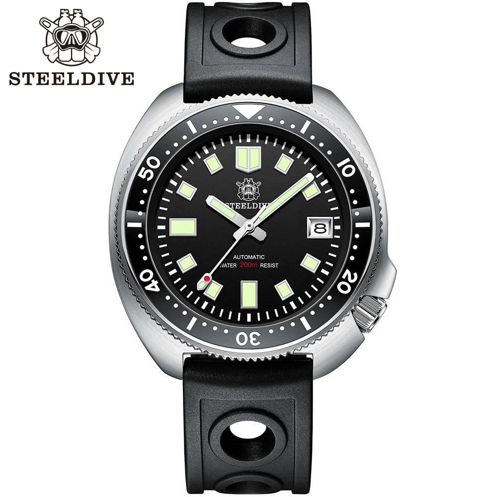 Steeldive SD1970 Men’s Automatic Dive Watch — 200M Waterproof, White Date Background, AR Coating Sapphire Glass, NH35 Black Dial Turtle Design