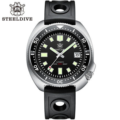 Steeldive SD1970 Men’s Automatic Dive Watch — 200M Waterproof, White Date Background, AR Coating Sapphire Glass, NH35 Black Dial Turtle Design