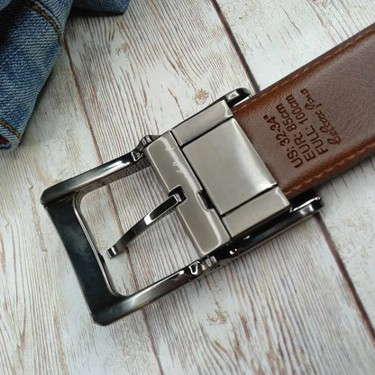 Men’s Genuine Leather Reversible Belt – 2-in-1 Rotated Buckle for Big & Tall Sizes