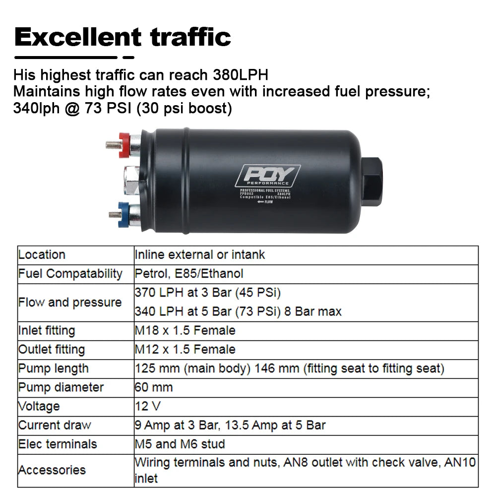 PQY EFI 380LH 1000HP External Fuel Pump – E85 Compatible, Top Quality 044 Style, Model PQY-FPB003-QY