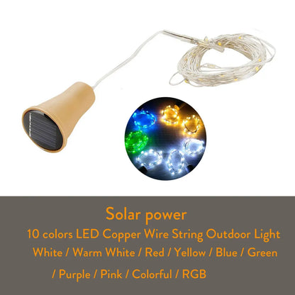 Solar Wine Bottle Lights – 10LED/15LED/20LED Cork Shape Fairy Lights, Copper Wire Garland for Christmas & Home Room Decoration