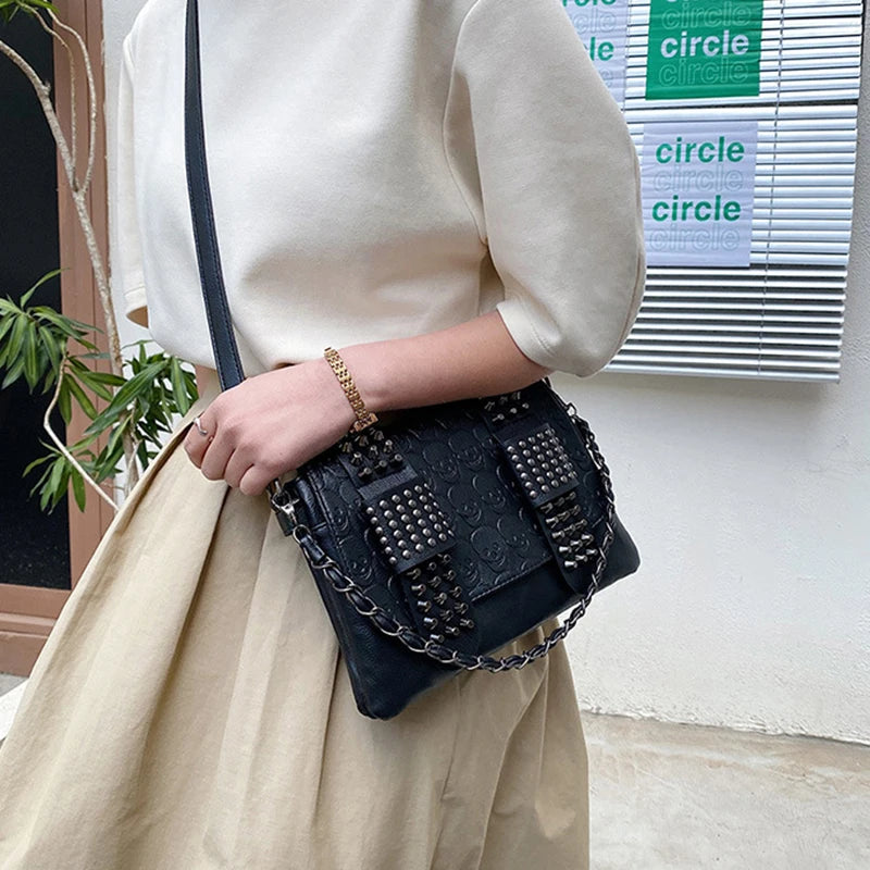 Vintage Skull Rivet PU Leather Shoulder Bag — Women’s Black Crossbody Flap Messenger Handbag