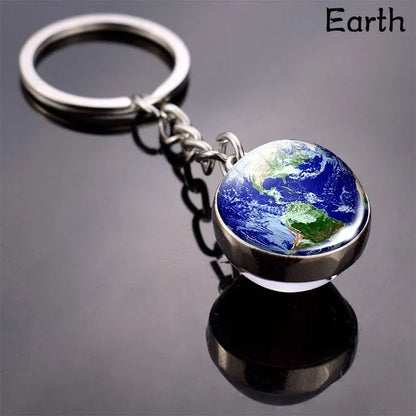 Solar System Planet Keyring — Double-Sided Glass Ball Space Keychain with Moon, Earth, Sun, Mars Galaxy Nebula Art for Car