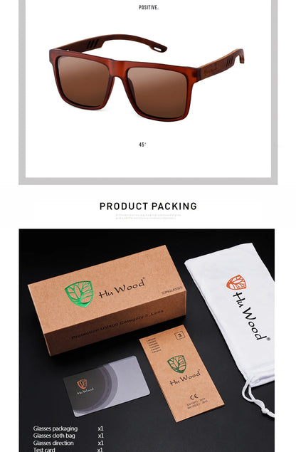 HU WOOD Square Polarized Sunglasses for Men — UV400 Fashion Sport & Driving Sun Glasses