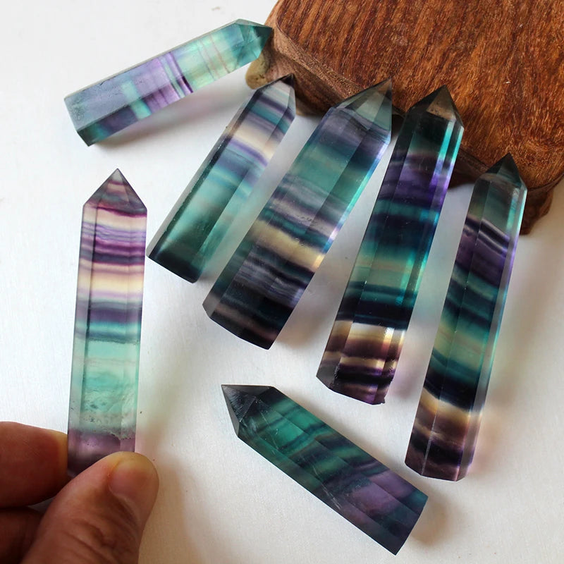 Natural Fluorite Crystal Wand — Colorful Striped Quartz Stone Point for Healing & Energy Treatment (4-7cm)