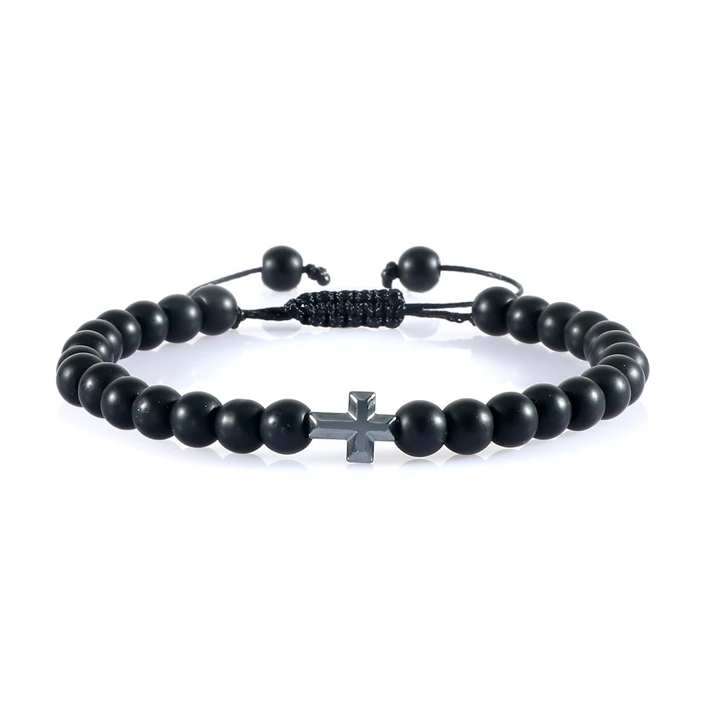 Natural Stone Bead Cross Bracelet - 6mm Braided Christian Prayer Jewelry with Jesus Charm for Men & Women