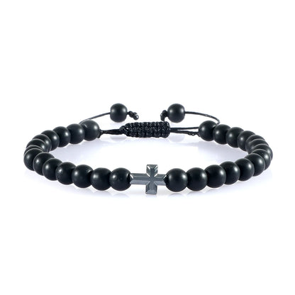 Natural Stone Bead Cross Bracelet - 6mm Braided Christian Prayer Jewelry with Jesus Charm for Men & Women