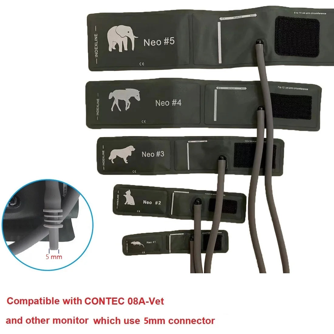 CONTEC 08A Veterinary Blood Pressure Monitor Accessories — Animal Cuffs, Clip SpO2 Probe, Charger Adapter, and Plastic Connector