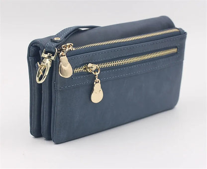 Large Capacity Women's Wallet – Dull Polish Leather, Double Zipper Clutch Wristlet with Phone, Coin & Card Holder Pockets