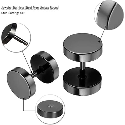 2-Piece Punk Stainless Steel Dumbbell Stud Earrings — Gothic Hip Hop Rock Style, Hypoallergenic Unisex Earrings for Men & Women
