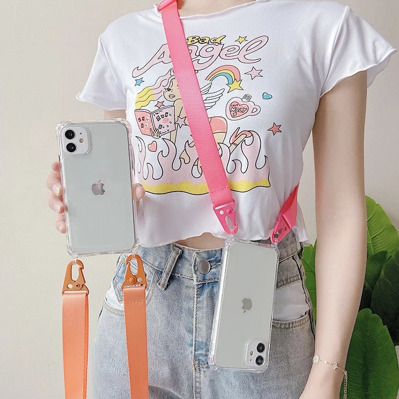 Crossbody Shoulder Strap Phone Case - Transparent Shockproof Cover for iPhone 17 Air, 16, 15, 14, 13 Pro Max & More