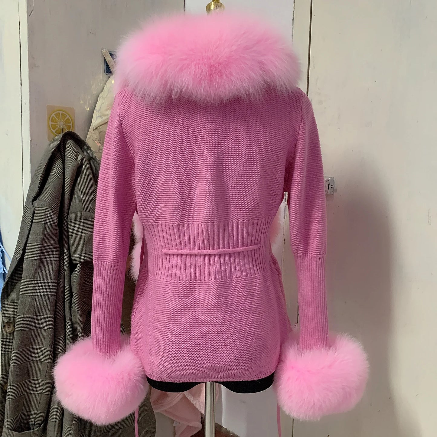 Women’s Spring & Autumn Sweater Cardigan – Real Fox Fur Collar Jacket, Natural Fur Outerwear