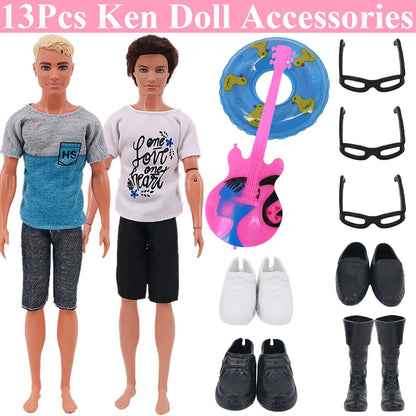 30-Piece Ken Doll Accessories Set — Clothes, Glasses, Shoes, Hangers, Guitar, Skateboard & Headsets for Barbie Dolls, DIY Toy for Girls