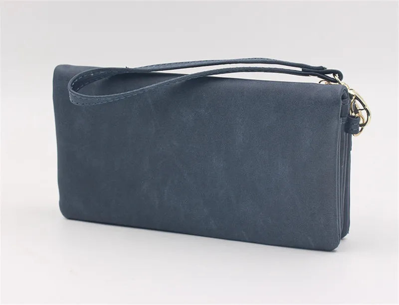 Large Capacity Women's Wallet – Dull Polish Leather, Double Zipper Clutch Wristlet with Phone, Coin & Card Holder Pockets